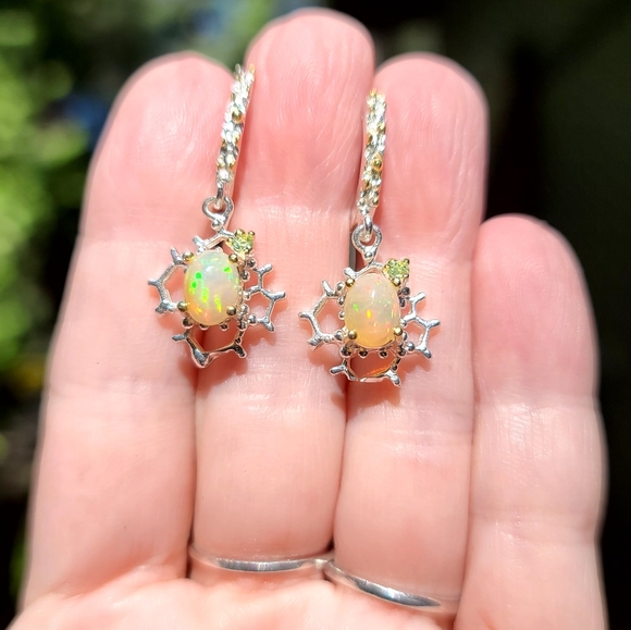 Opal & Peridot honeycomb sterling & gold Earrings - Picture 7 of 8
